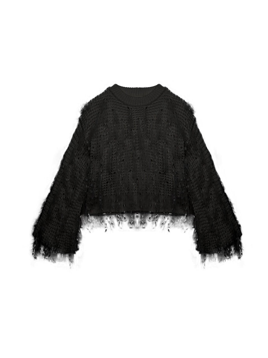 Fringe Feather Style Round Neck Loose Knitted Top