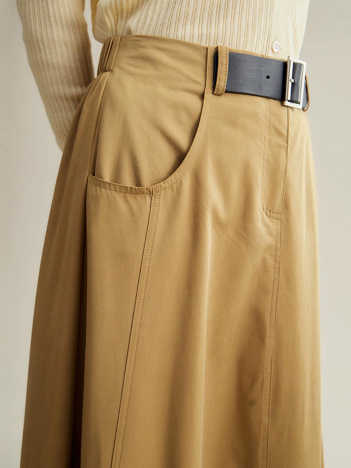 Mid-length Belt Decorated A-line Skirt