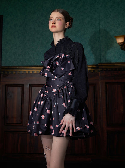 Three-dimensional Bud Floral Printed Suspender Dress