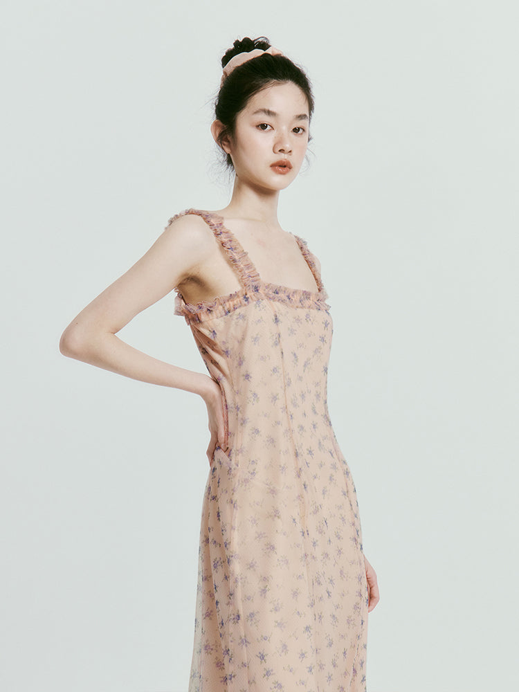 Mesh Double Layer Floral Strap Dress