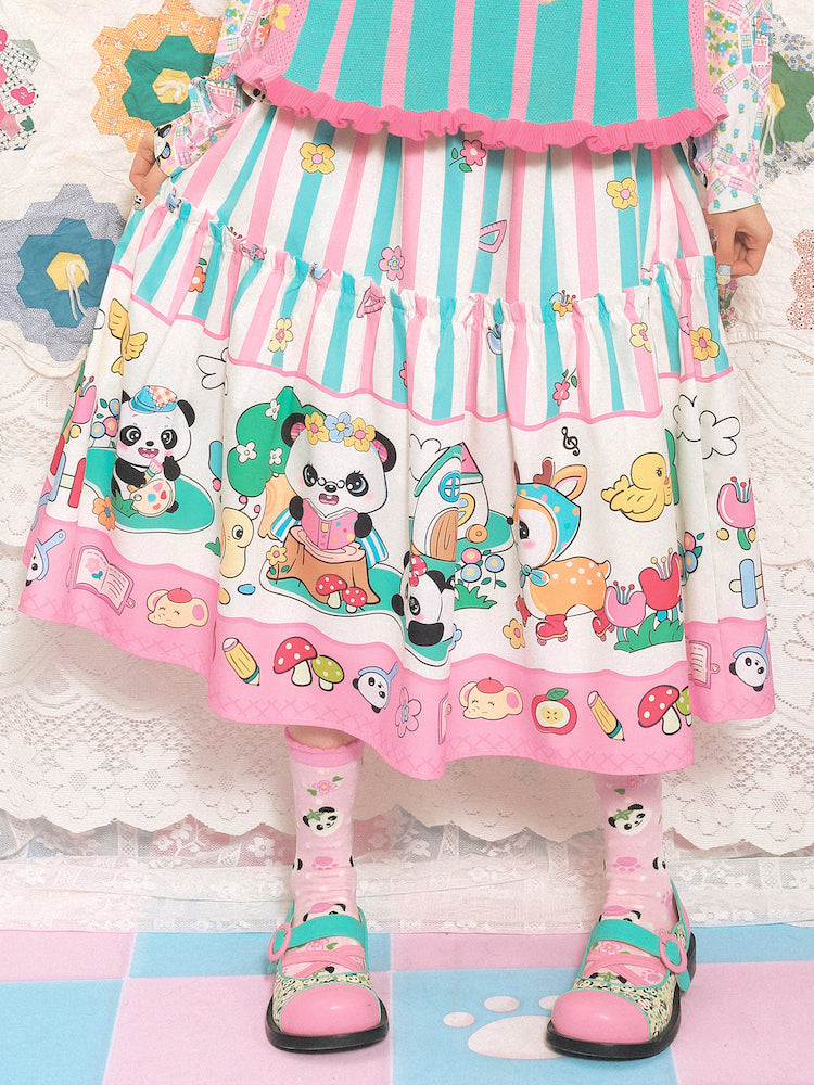 Striped Patchwork Panda Cartoon Printed Skirt