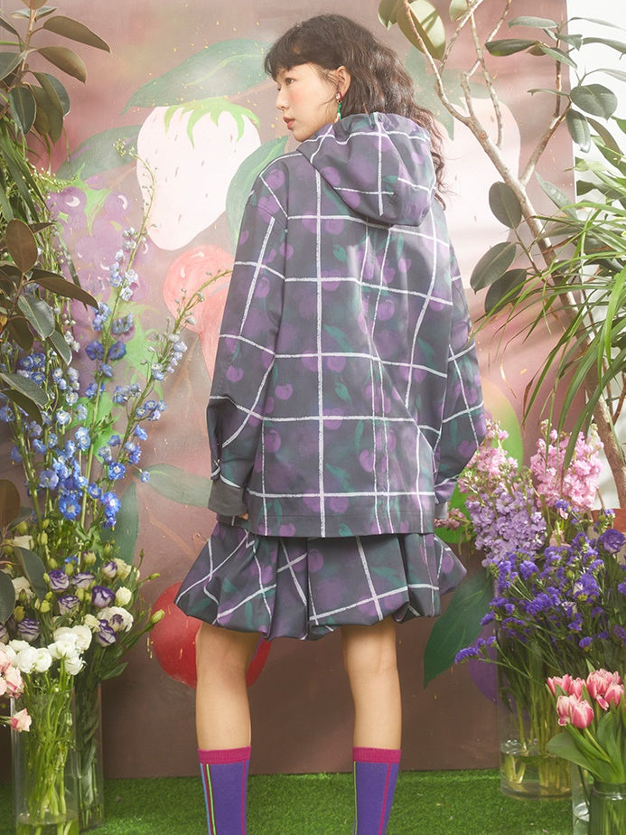 Gradient Cherry Plaid Printed Hooded Windbreaker Jacket &amp; Flower Bud Skirt