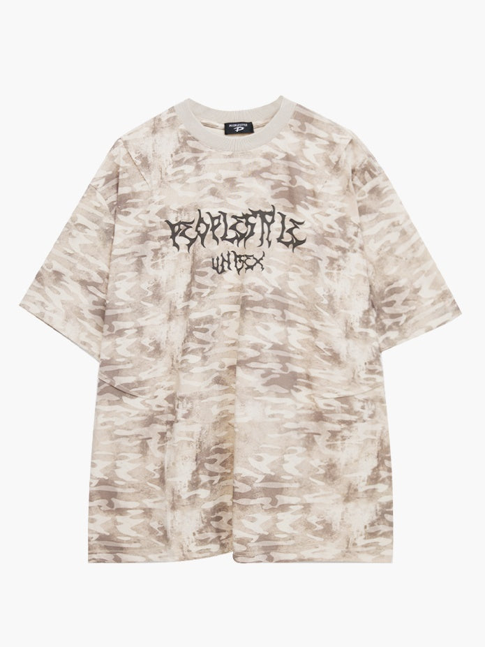 Camouflage Punk Letter Distressed Washed T-shirt