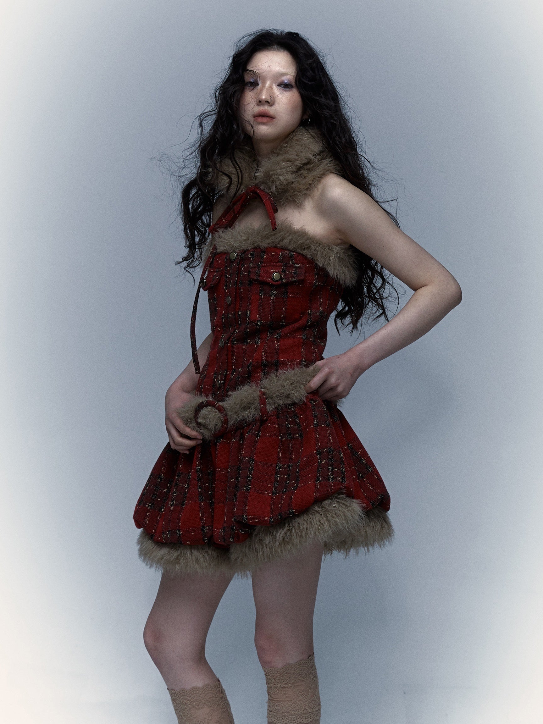 Plaid Splicing Bare Top Suspender Bud Dress