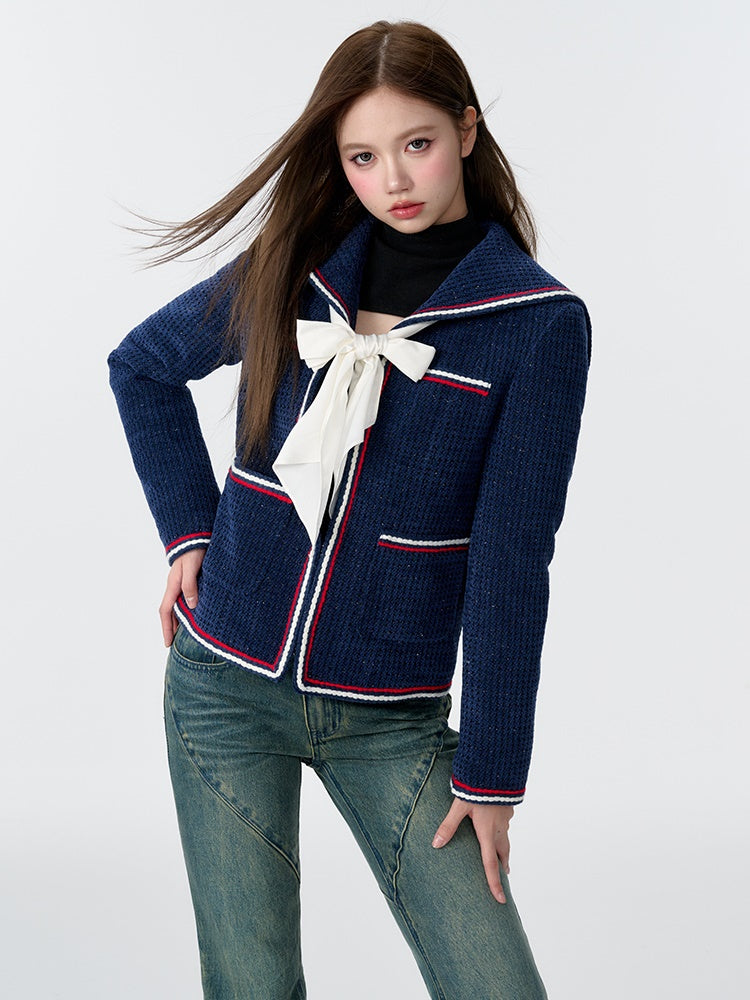 College Style Navy Collar Bow Tweed Padded Jacket