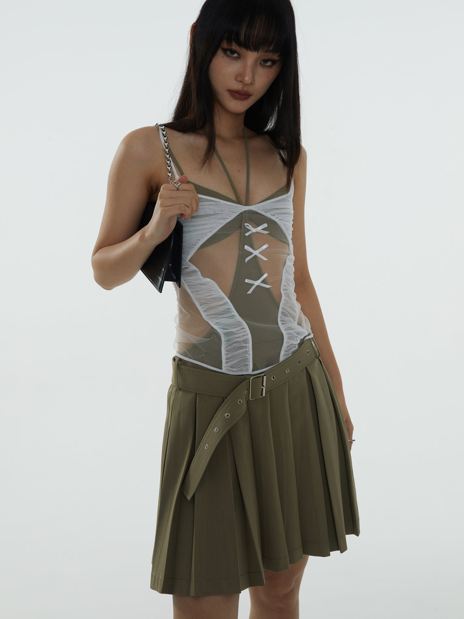 Mesh Shirring She-Through Ribbon Camisol