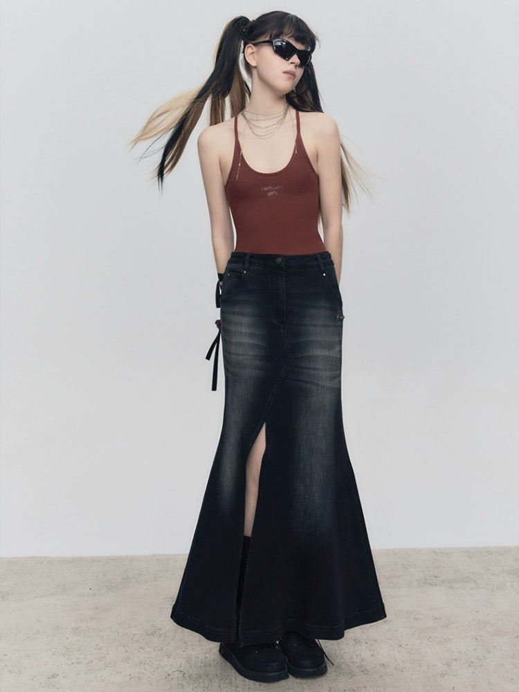 Gradient Mermaid Slit Denim Skirt