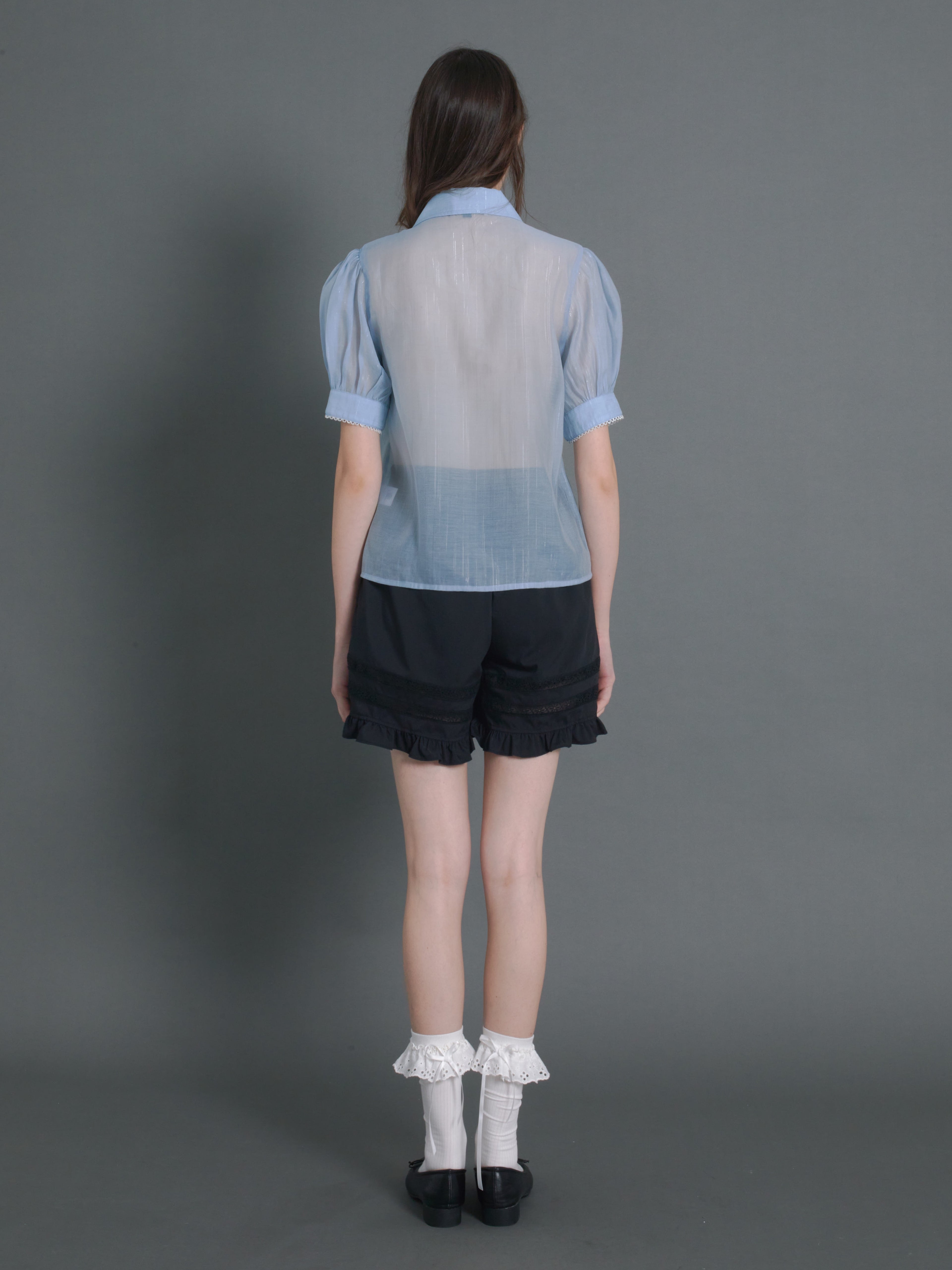 Pin Tuck Puff Sleeve Sheer Blue Shirt