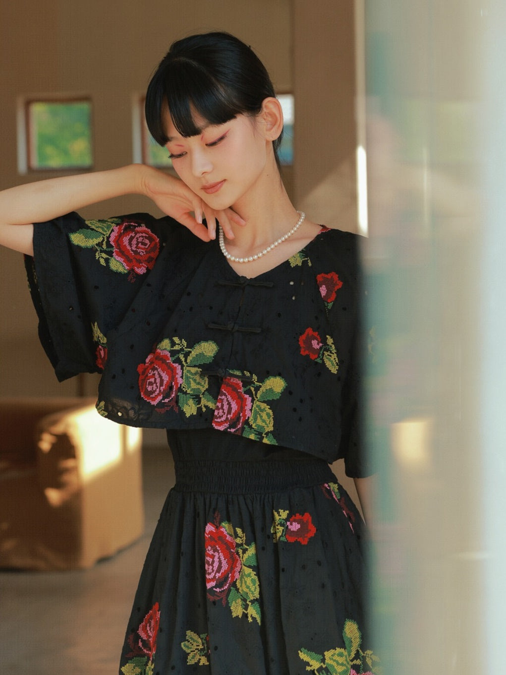 Red Peony Embroidery Improved One-piece