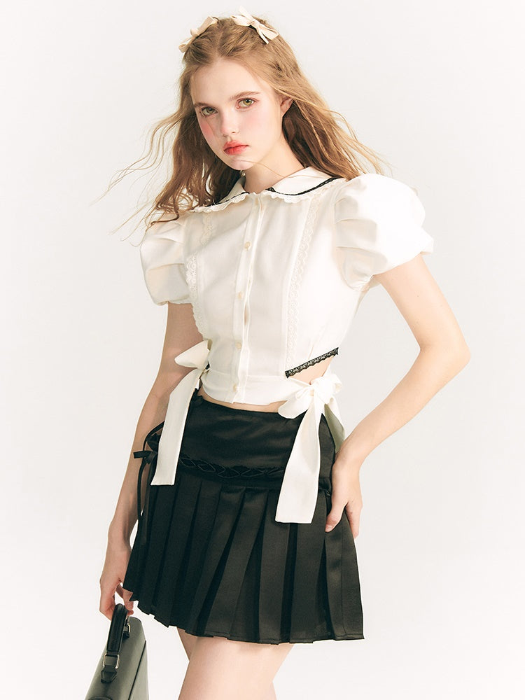 Side Ribbon Doll Collar Puff Sleeve Shirt