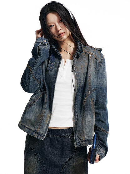 Stand-Collar Denim Short Jacket