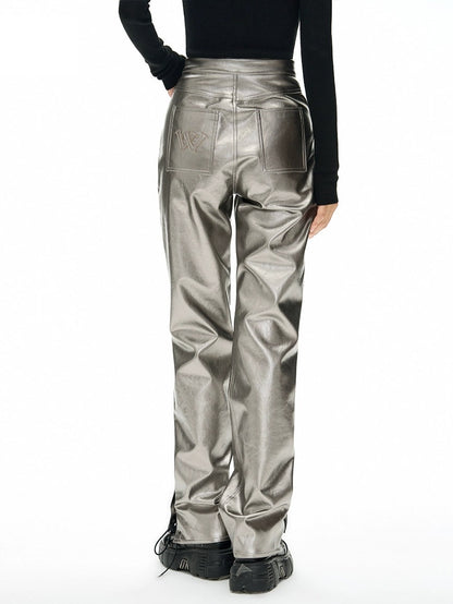 V-shaped High Waist Metallic Leather Pants