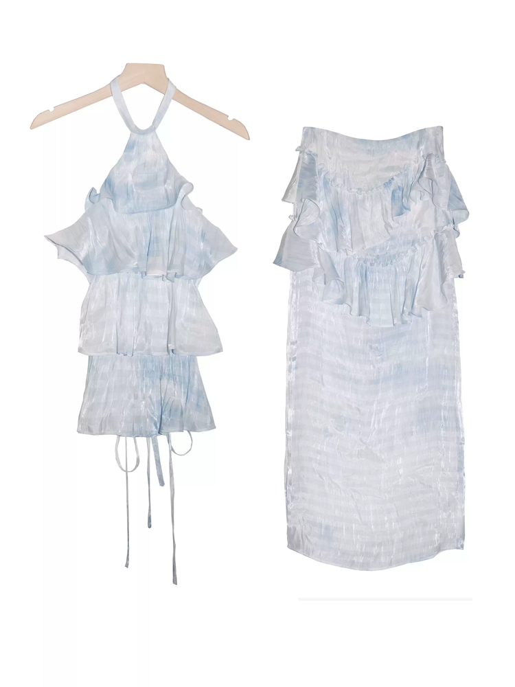 Tops＆Long-Skirt Frill Halter-Neck Glitter Sheer Set-Up