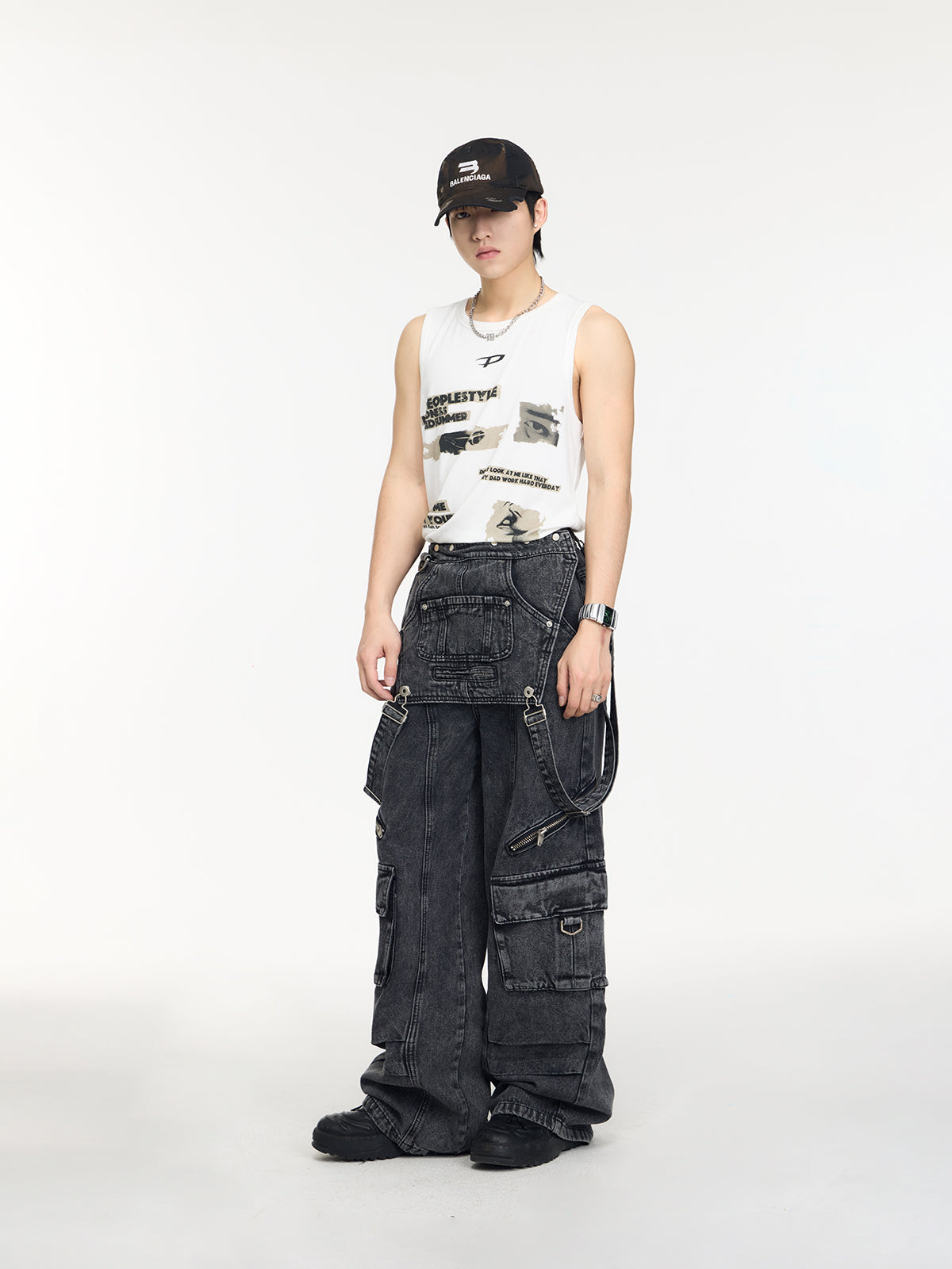 Retro Suspender Design Stitching Denim Pants