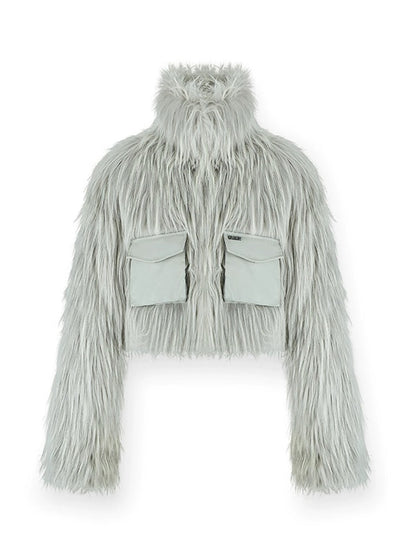 Work Pocket Long Hair Short Eco-friendly Fur Jacket