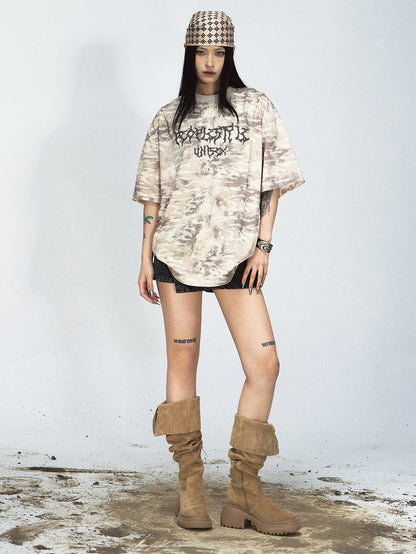 Camouflage Punk Letter Distressed Washed T-shirt