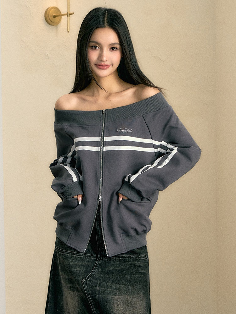 Off-Shoulder Zip-Up Sports Casual Jacket