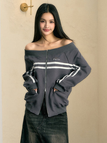 Off-Shoulder ZIP-Up Sports Casual Jacket