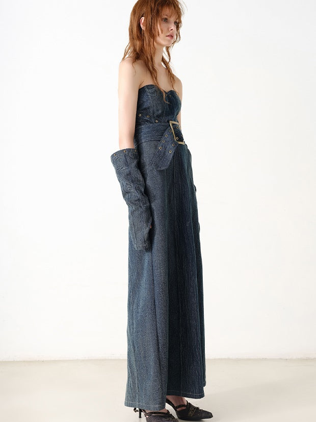 Denim Bare Top Long Dress With Sleeves