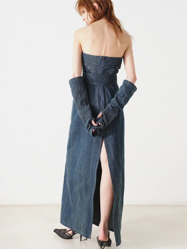 Denim Bare Top Long Kleid mit Ärmeln