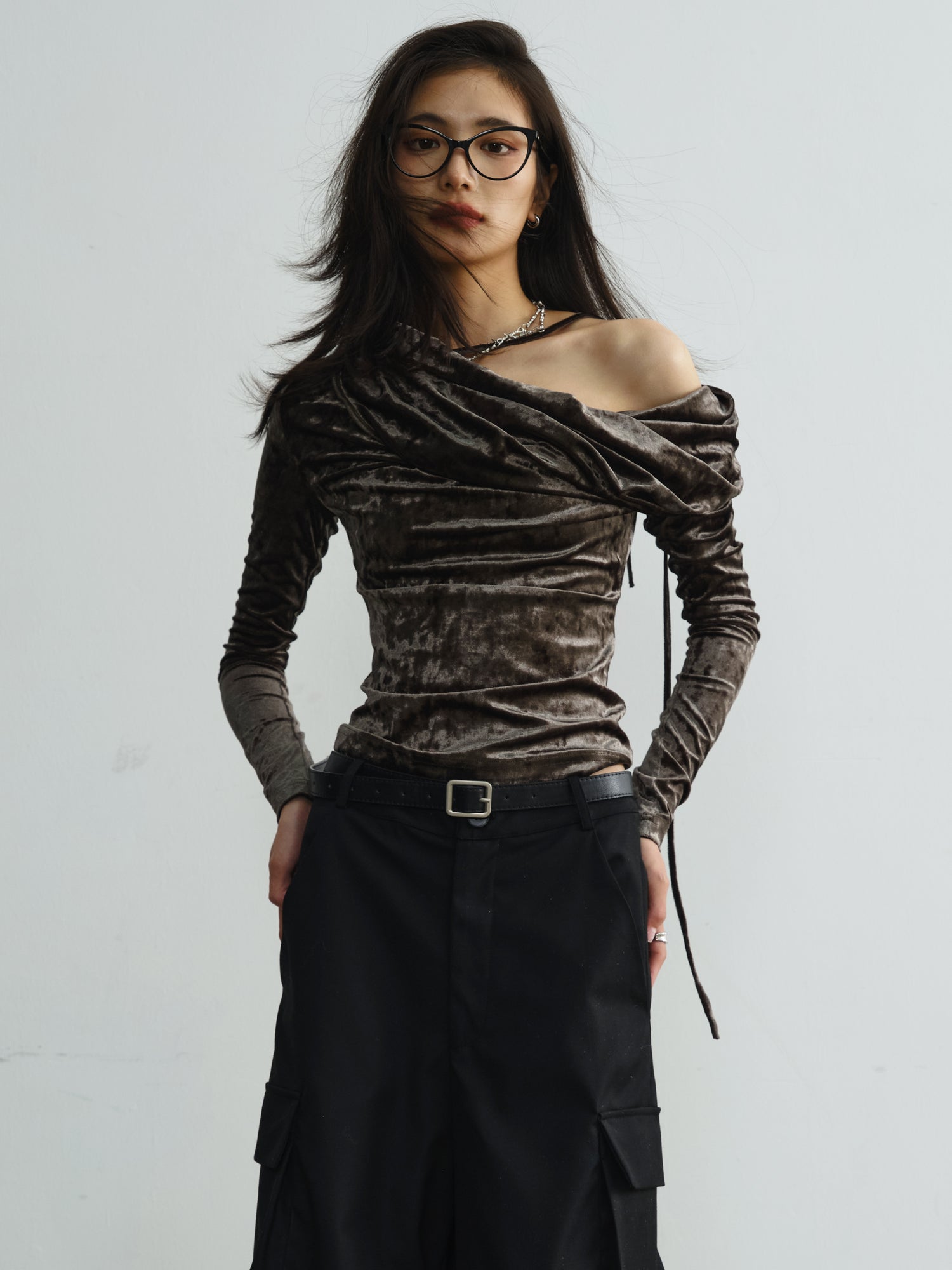 Pleated Drape Sloping Collar Velvet Shirt