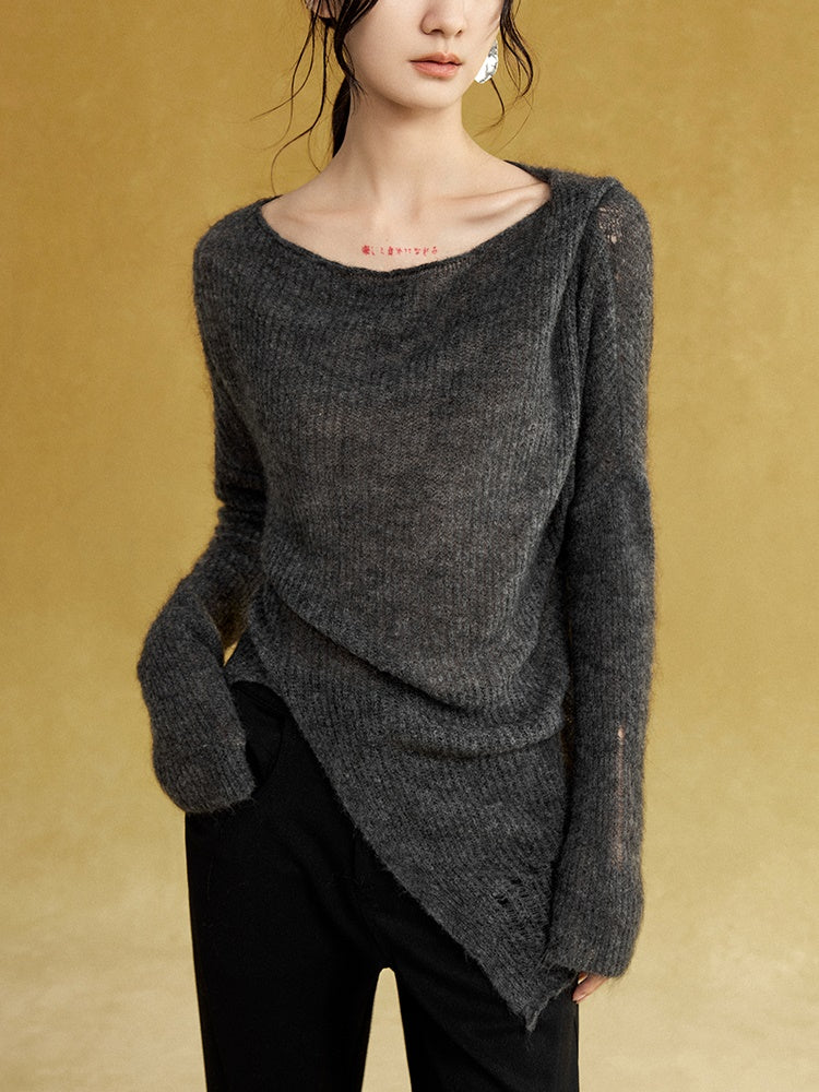 Swing Collar Asymmetry Slit Sweater