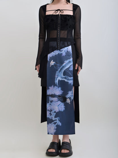 Chinese Style Printed Stitching High Waist Skirt