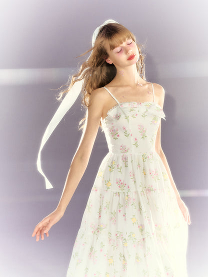 Floral Lace Bow Suspender Tiered Dress