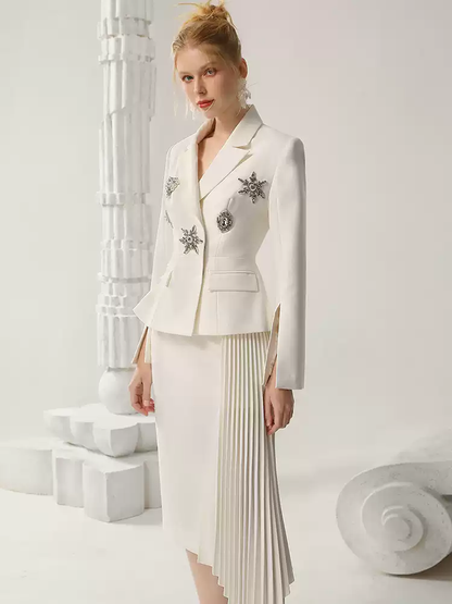 Set-Up Broach Asymemtry Pleats Peplum Suit Jacket＆Long-Skirt