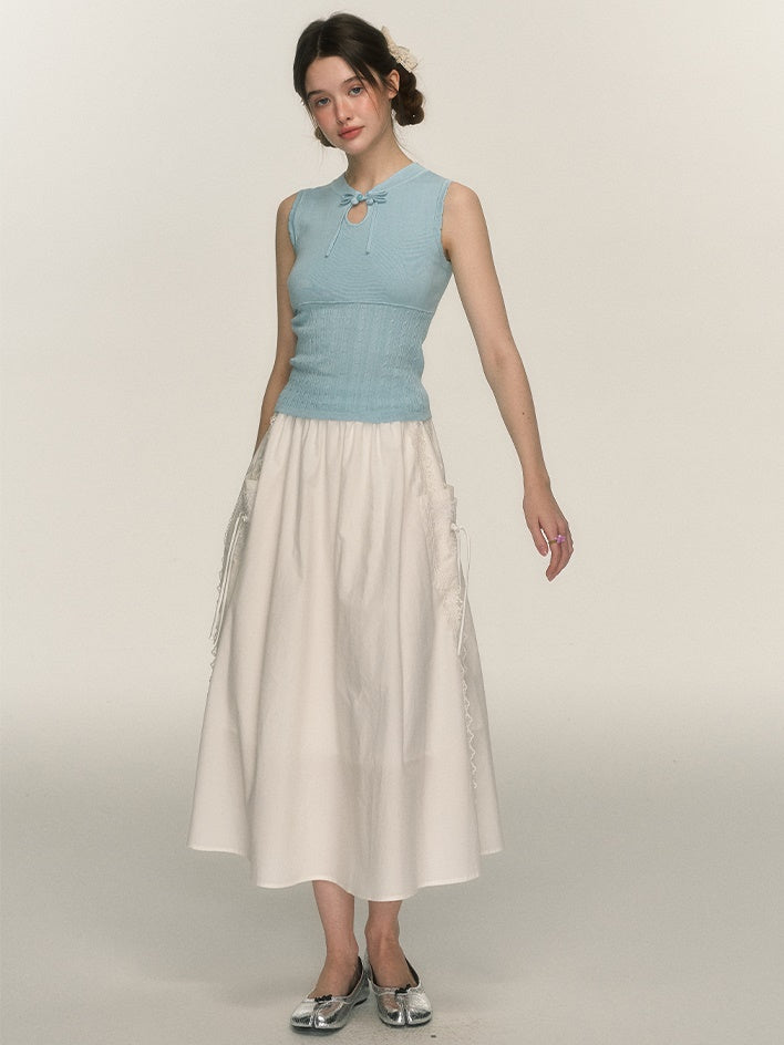 Side Lace Stitch Long Gather Skirt