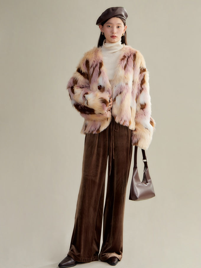 Contrast Color Eco-friendly Fur Short Furry Coat