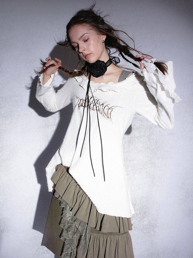 Ruffled Embroidered One-shoulder Bell-sleeve Bottoming Shirt