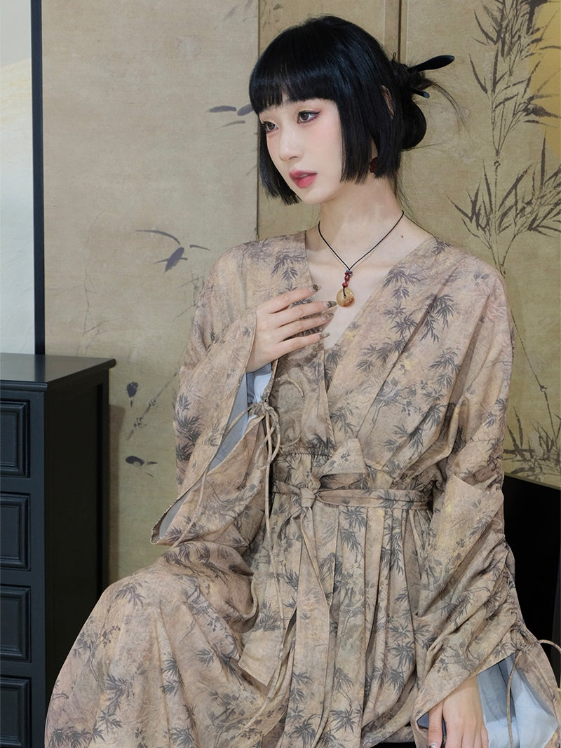 Chinese Style V-Neck Wide Gather Sleeve Dress