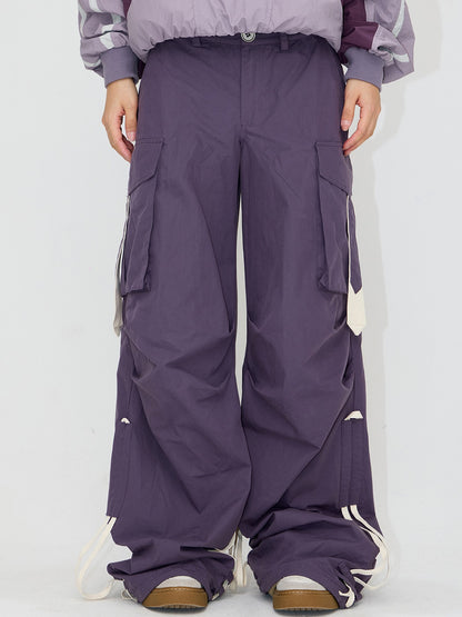 Drawstrings Color Matching Knee Pleated Loose Parachute Pants