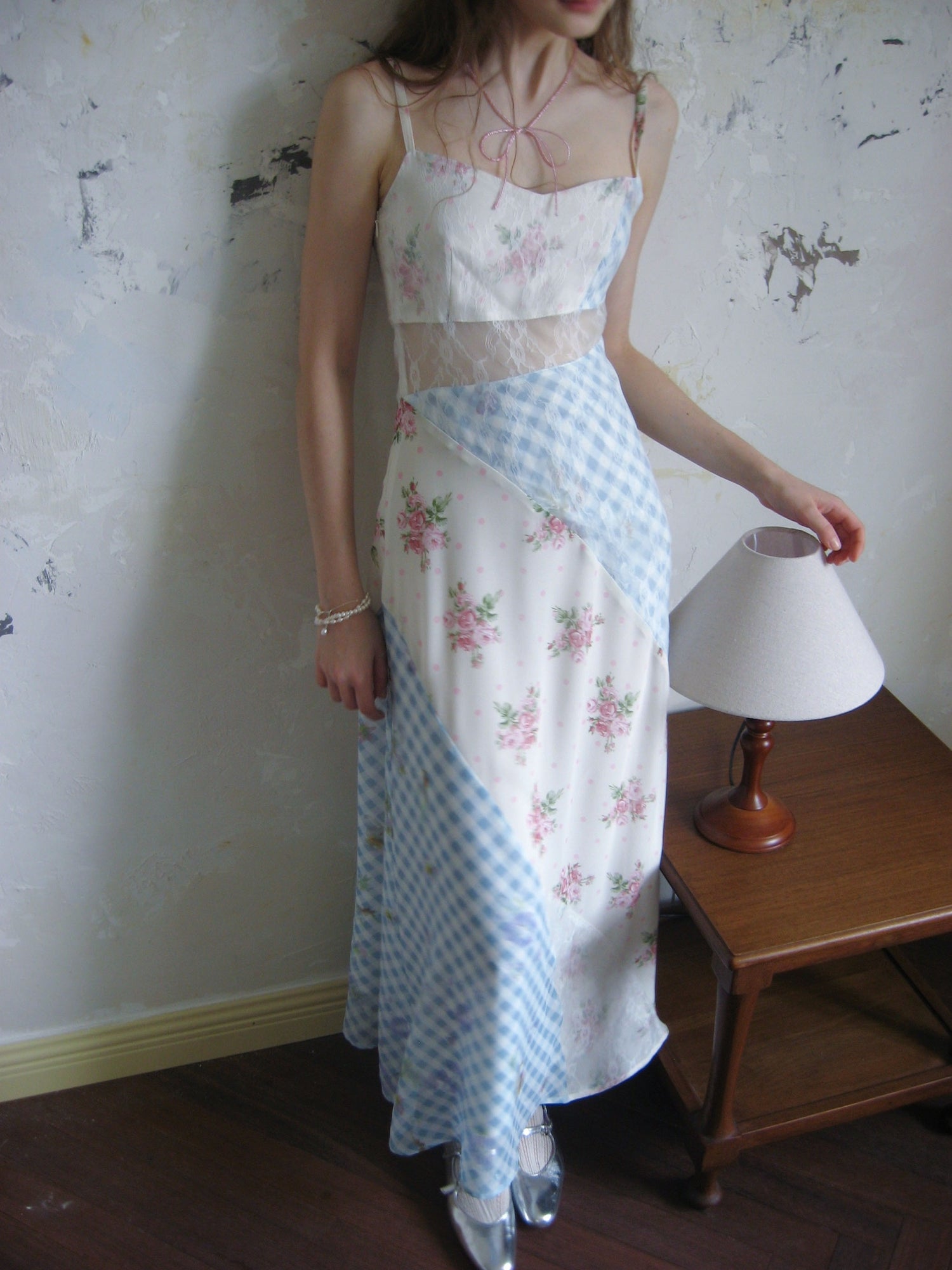 Check Floral Cut-out Lace Panels Slip Dress