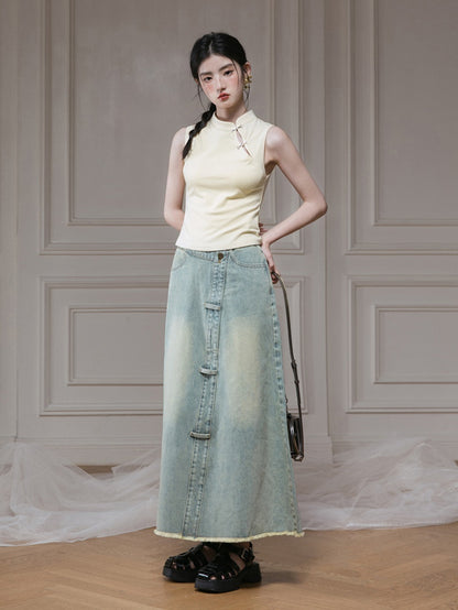 Slanted Placket Distressed Denim Skirt