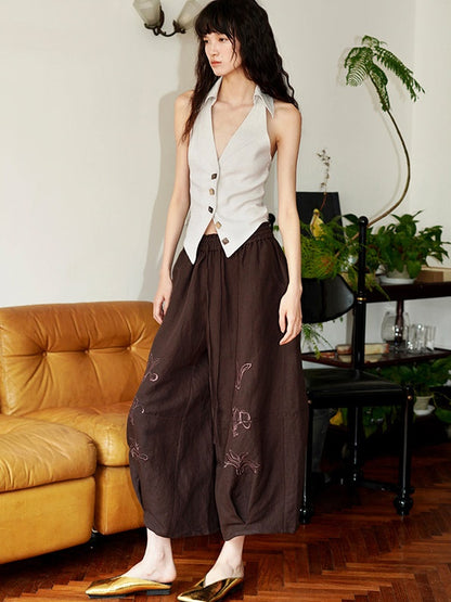 Embroidery Loose Bloomers Wide Leg Pants