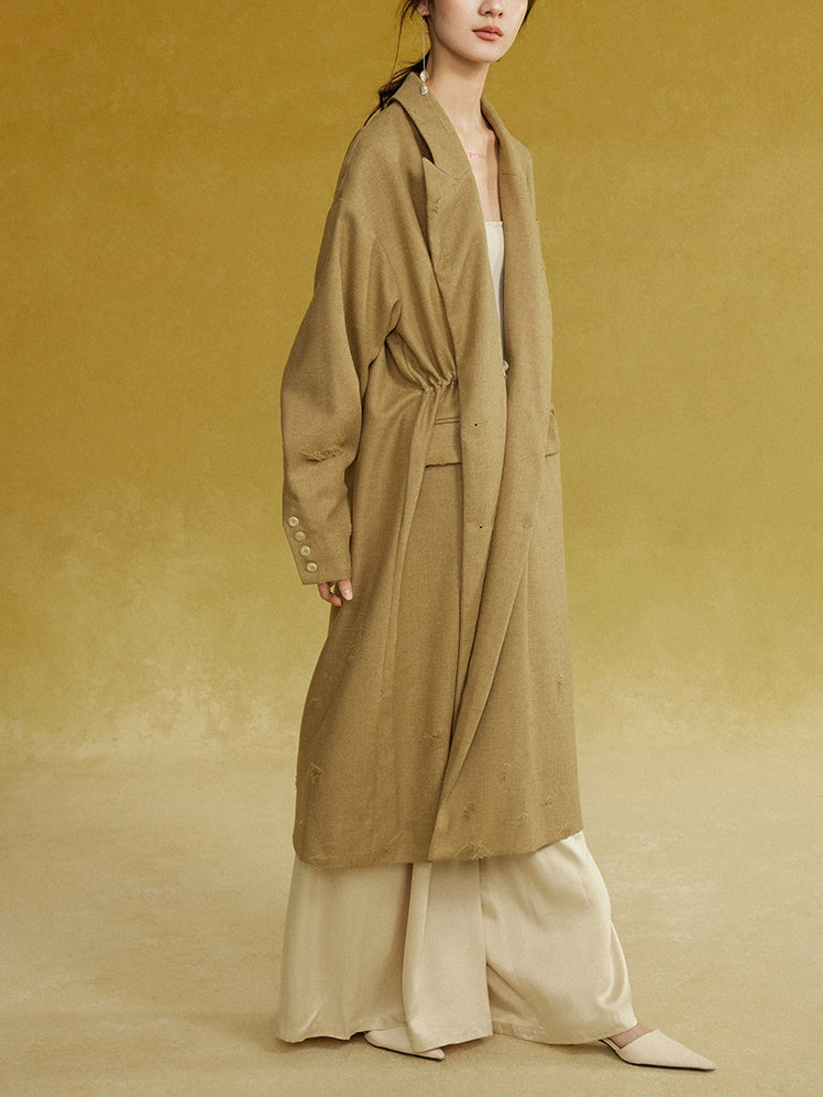 Drawstring Waist Frayed Long Coat