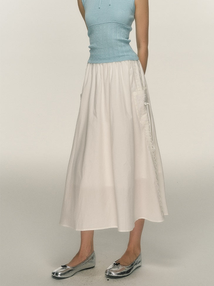 Side Lace Stitch Long Gather Skirt