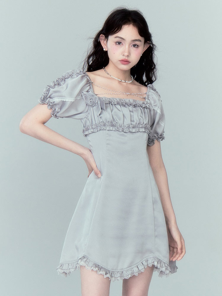 Beaded Chain Frill Decoration Puff Sleeve Dress