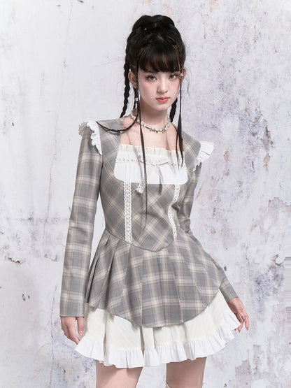 Plaid Patchwork Spitze Faltenkleid