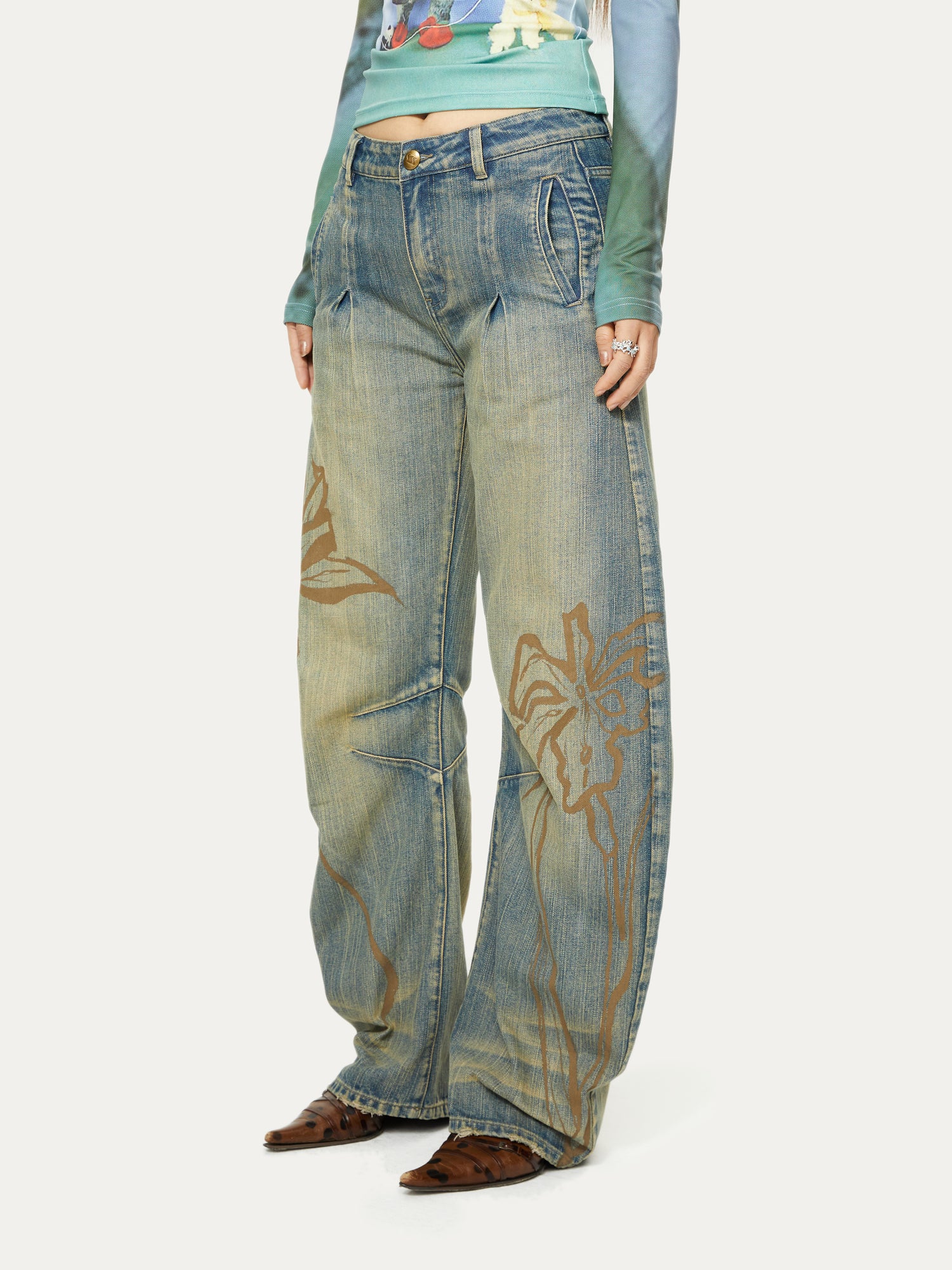 Distressed Printed Curvedl Machete Denim Pants