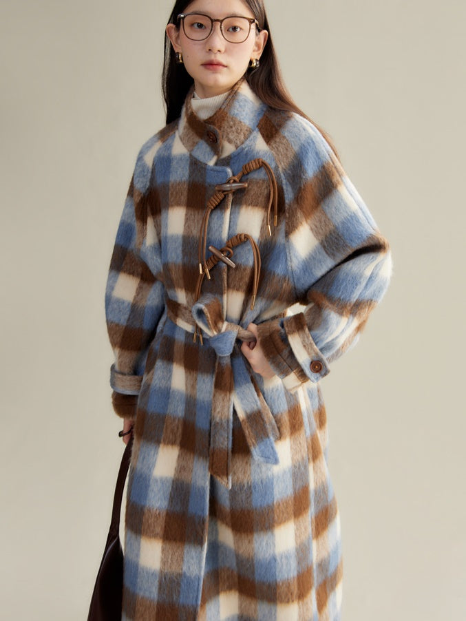 Retro Plaid Stand Collar Toggle Coat