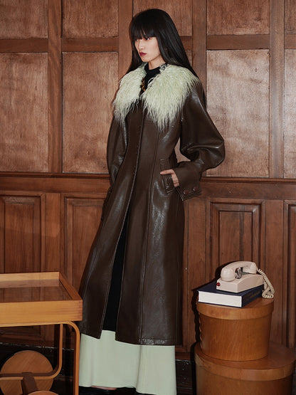 Fur Collar Slim Long Leather Coat