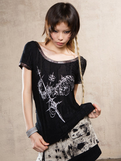 Hot Stamping Print Backless Short-sleeved T-shirt