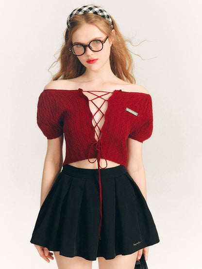 Lace-Up Short Sleeve Cropped Knit