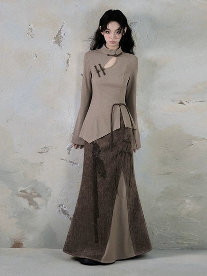 Chinese Style Cut-out Mao Collar Top ＆ Spliced Maxi Skirt