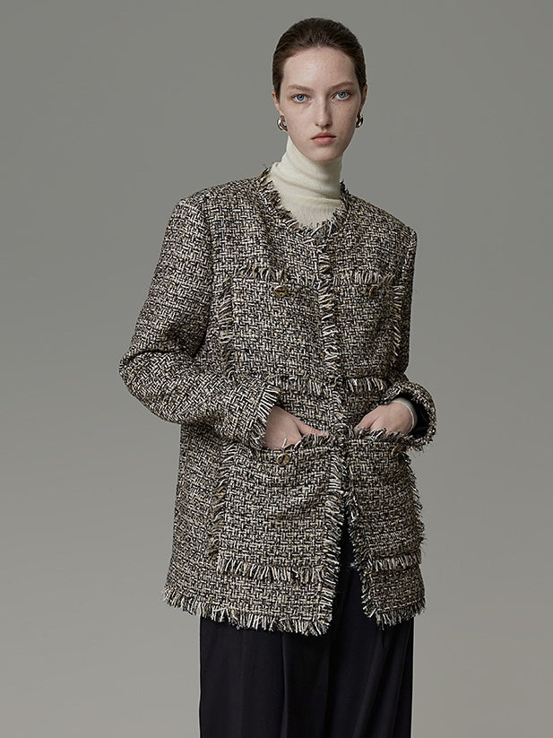 Gebürstetes Design No Collar Tweed Jacke