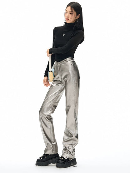 V-shaped High Waist Metallic Leather Pants