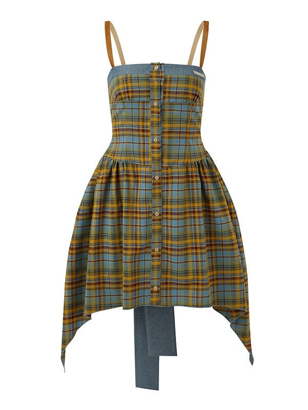 Sunflower Plaid Suspender Irregular Dress